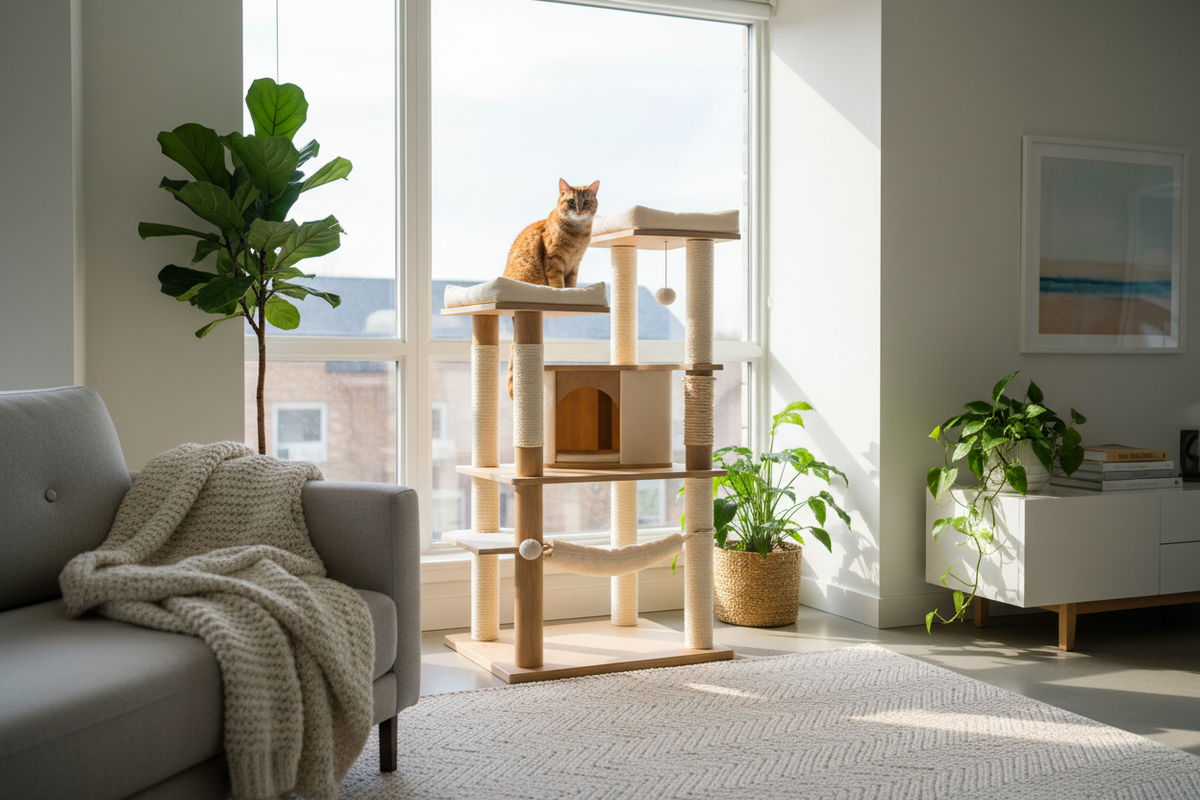 A cat sitting on a premium wooden cat tree next to a sunny window